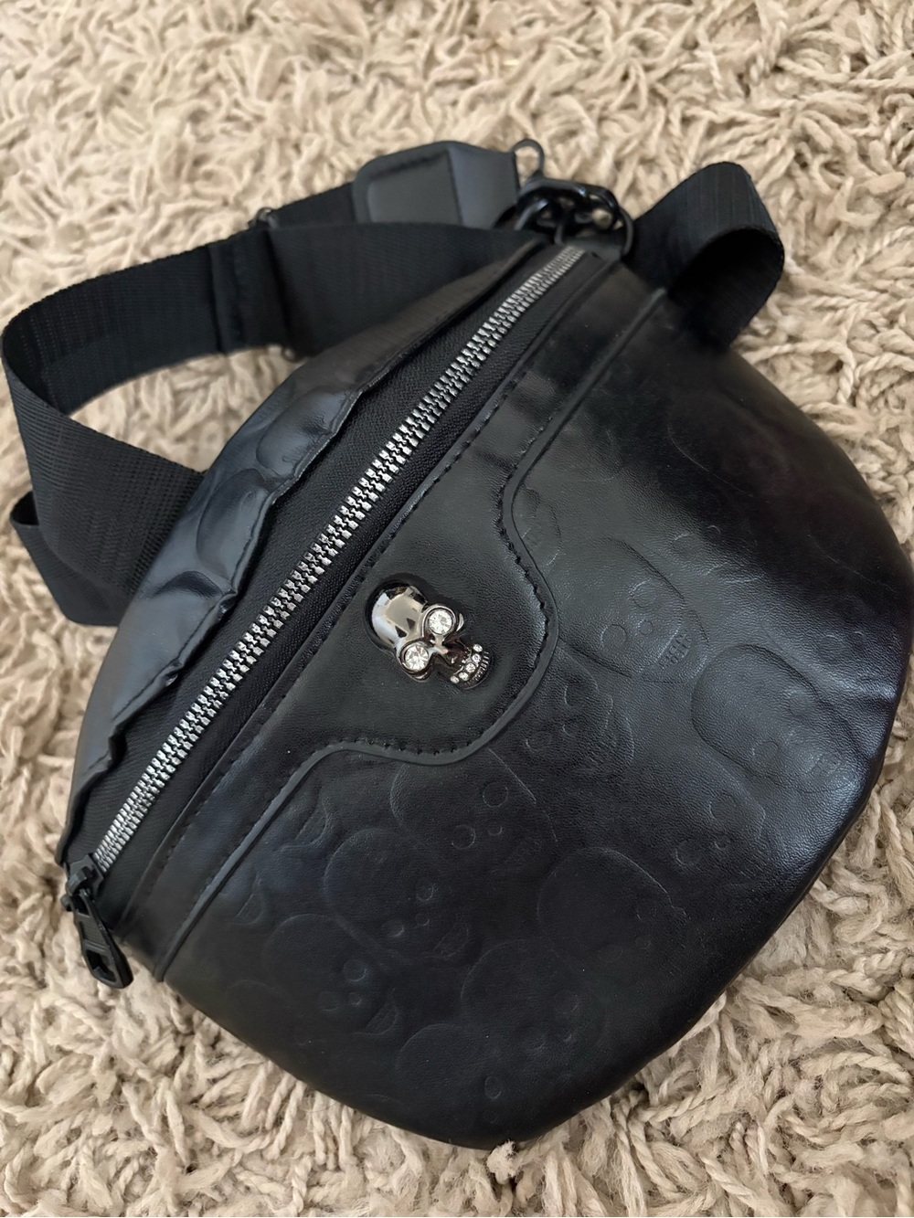 Black Skull Embossed Leather Waist Bag - Unbranded